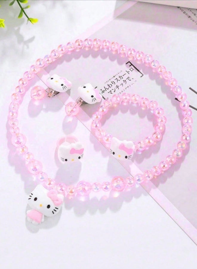 Girls 4pcs Accessories Set Pink Hello Kitty Design Includes Necklace Earrings Ring Bracelet Cute Cartoon Ideal Birthday Gift For School Daily Wear Party - Image 1
