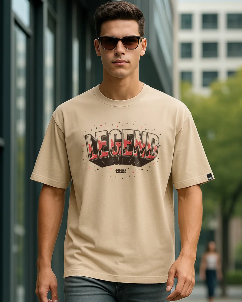 bewakoof Men's Ginger Root Brown Legend Typography Oversized T-shirt