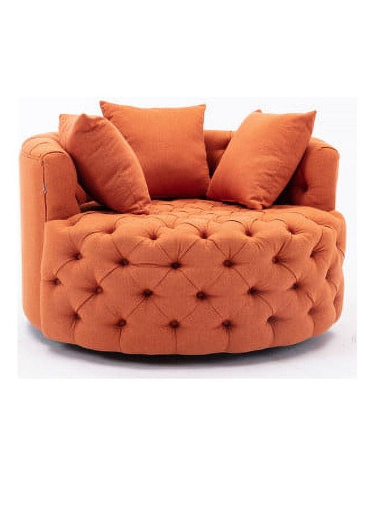 Wooden Twist Barrel Button Tufted Design Modern Round Sofa For Living Room with 3 Pillows ( Orange ) - Image 1