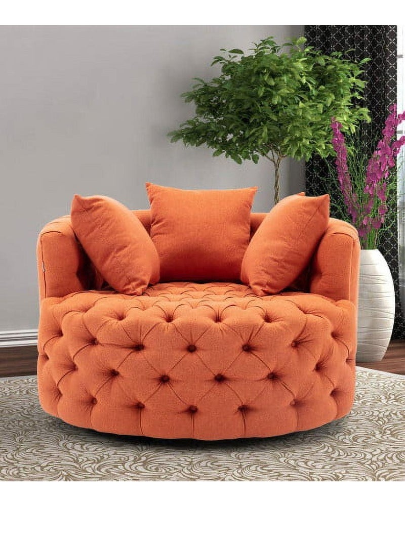 Wooden Twist Barrel Button Tufted Design Modern Round Sofa For Living Room with 3 Pillows ( Orange ) - Image 2