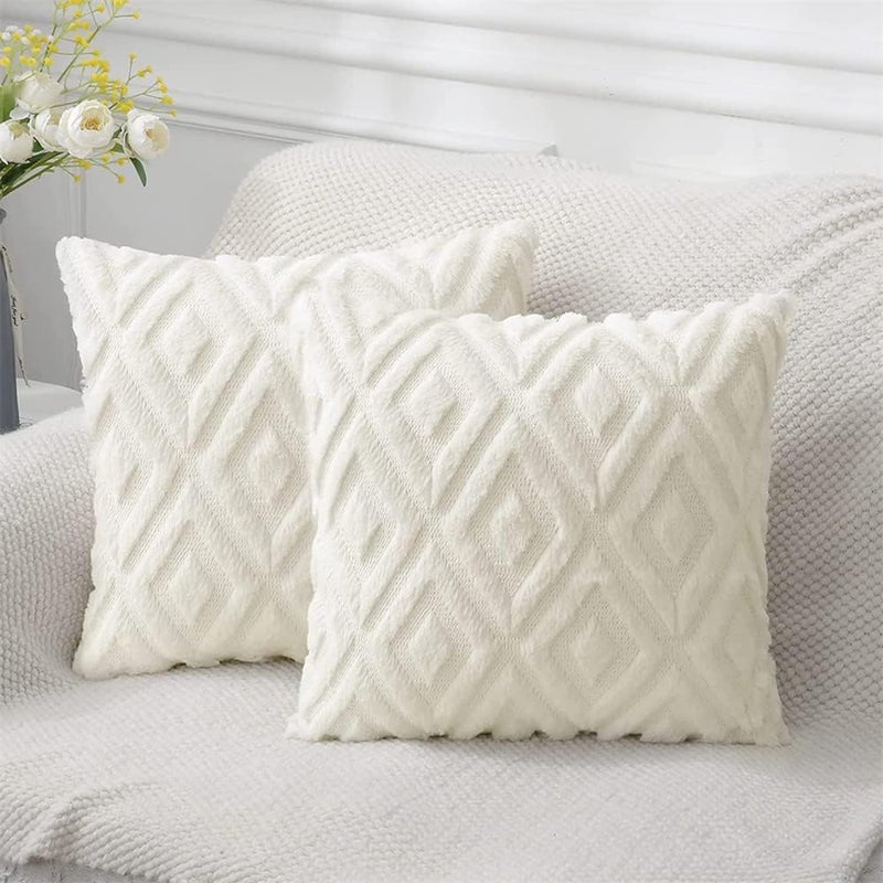 Luckam Soft Faux Fur Throw Pillow Covers, 17 x 17 Inch Plush Short Wool Velvet Decorative Pillow Covers, Couch Sofa Pillow Covers for Living Room with 3D Diamond Pattern (Set of 2, Cream White) - Image 1
