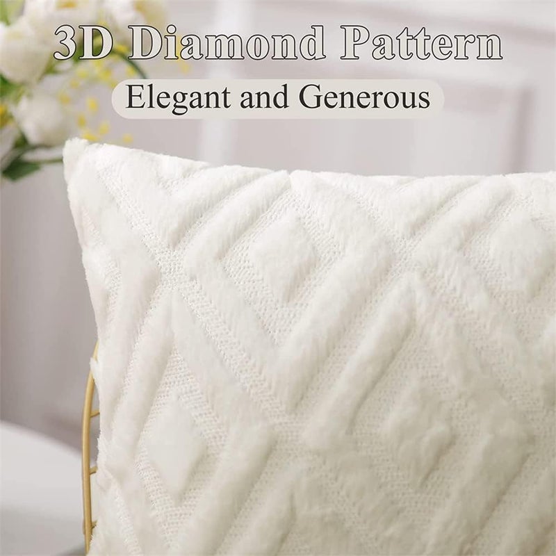 Luckam Soft Faux Fur Throw Pillow Covers, 17 x 17 Inch Plush Short Wool Velvet Decorative Pillow Covers, Couch Sofa Pillow Covers for Living Room with 3D Diamond Pattern (Set of 2, Cream White) - Image 2