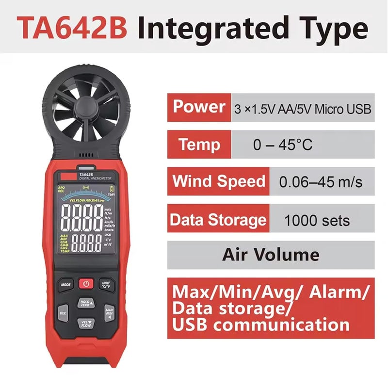 TA642B High Precision USB Anemometer Air Velocity Meter Wind Speed Tester - Image 3