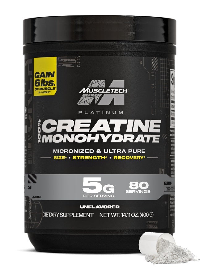 MuscleTech Platinum 100% Creatine Monohydrate Micronized & Ultra Pure - Gain 6 lbs of Muscle - 5g Per Serving - 80 Servings - Unflavored - Dietary Supplement - Net Wt 14.11 oz (400g) - Image 1