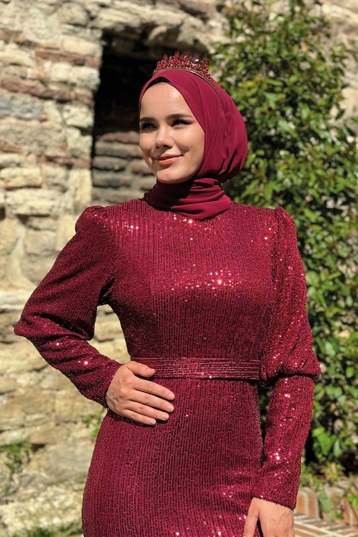 Bym Fashion Belt Accessory Sequin Fish Evening Dress 3858 Claret Red - Image 4