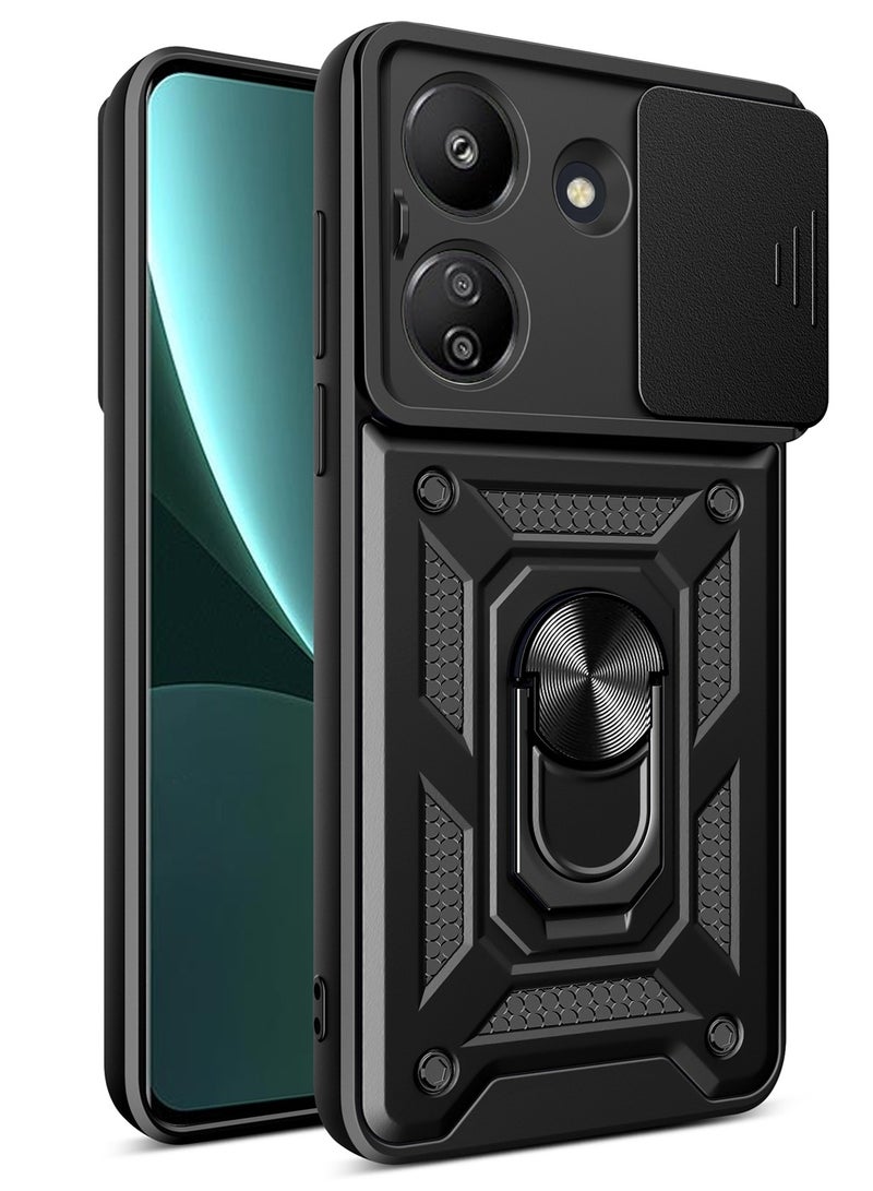 Case Cover Shockproof Windows Protective Case with Camera Protection and Metal Ring Compatible with Redmi 13C 4G / Poco C65 4G (Black) - Image 1