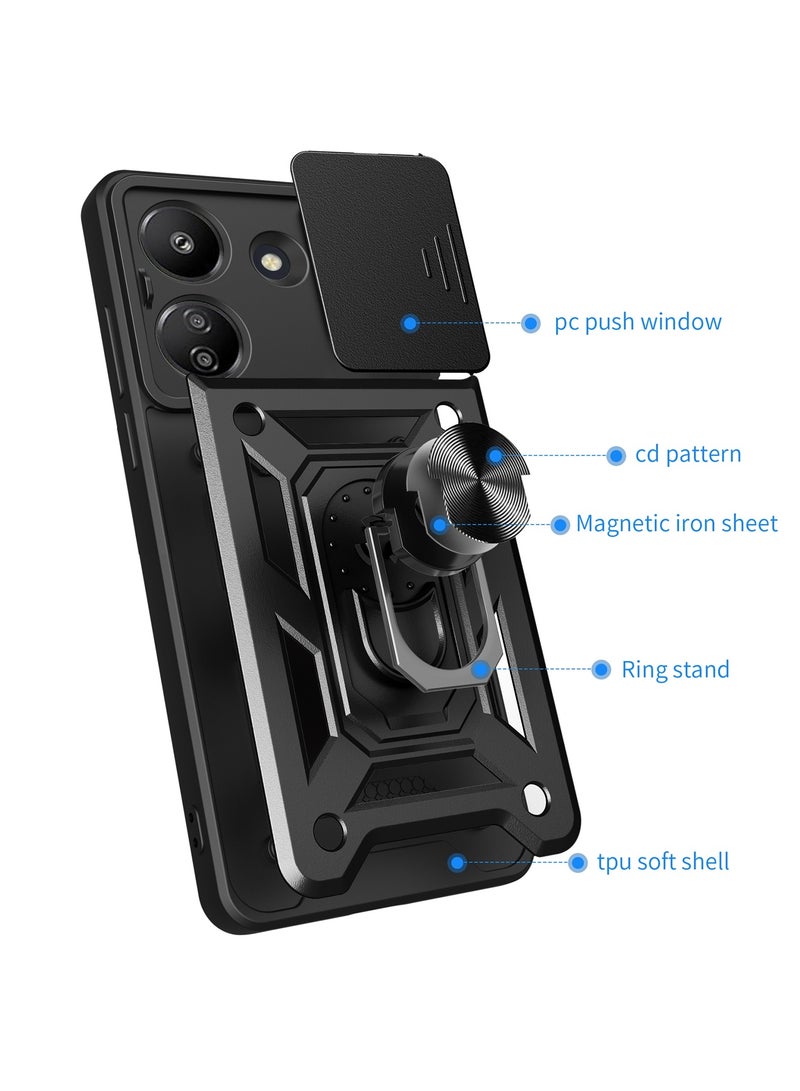 Case Cover Shockproof Windows Protective Case with Camera Protection and Metal Ring Compatible with Redmi 13C 4G / Poco C65 4G (Black) - Image 2