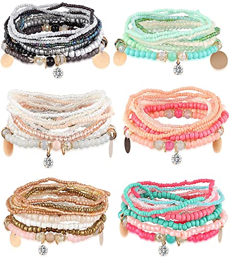MILACOLATO 6Sets Boho Bead Bracelets Set Multilayered Stackable Bracelets Comfortable Stretch Bracelets Multicolor Bohemian Charm Bracelets for Women Men - Image 1