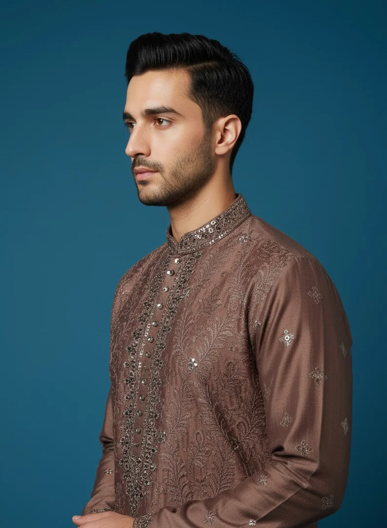 Lehar  Brown Embroidered Kurta Set for Men | Best Price UAE