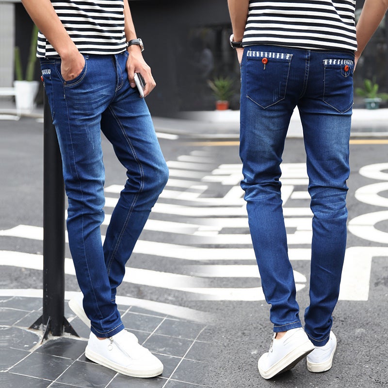 Generic Autumn Stretch Jeans Mens Light-colored Legs Korean Style Slim-fit Snowflake Mens Pencil Pants Tight-fit Teenagers 3037 # Blue 