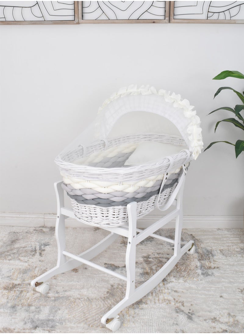 FUN MOMENT - Rattan Moses Basket with Rocking Base White - Image 1