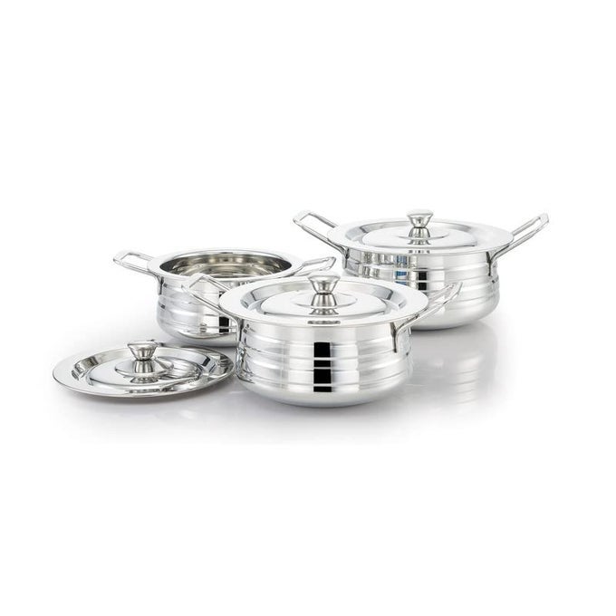 STAINLESS STEEL SERVING DISH (SULTAN PCS SET) WITH LID (HANDLE HANDI) POT FOR RICE/BIRYANI/CURRIES/DALS HANDI POT 3 PCS SET (POT1-22.8X10.2CM, POT2-25.8X10.5CM, POT3-28.9X12.7CM)