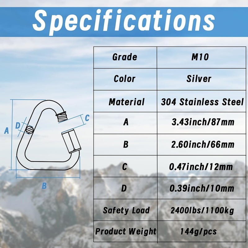 Anvin 2 Pack Large Quick Links M10 3.5Inch Heavy Duty Carabiner Stainless Steel Chain Links Connector Triangle Locking Chain Hooks Screw Links for Camping Outdoor Equipment Hammocks, 2400 Lbs Capacity - Image 5