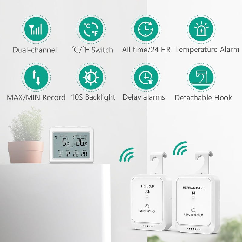 ORIA Digital Refrigerator Thermometer, Wireless Fridge and Freezer Thermometer with 2 Sensors, Indoor Outdoor Thermometer with Alarm, Max/Min Records, LCD Backlight, for Home, Restaurants, Cellars - Image 2
