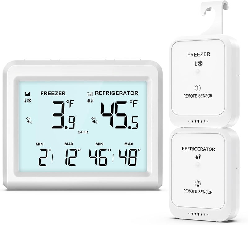 ORIA Digital Refrigerator Thermometer, Wireless Fridge and Freezer Thermometer with 2 Sensors, Indoor Outdoor Thermometer with Alarm, Max/Min Records, LCD Backlight, for Home, Restaurants, Cellars - Image 1