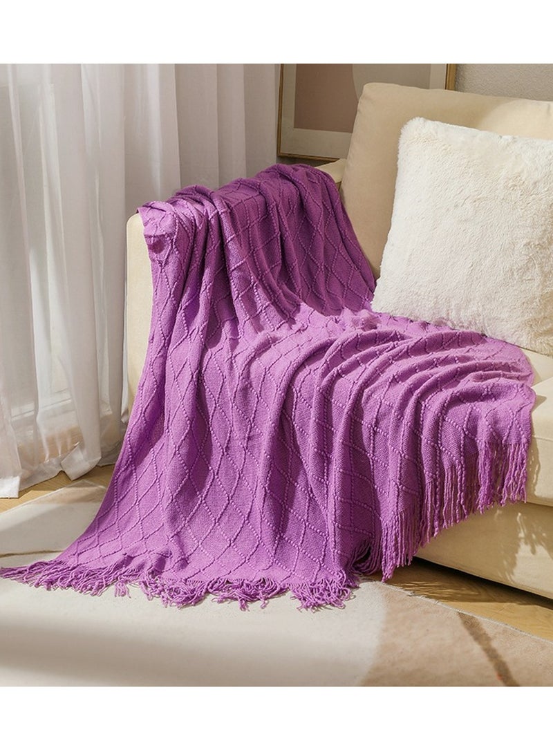 Loquat Tassel Design Knitted Soft Throw Blanket Keep Warm Purple