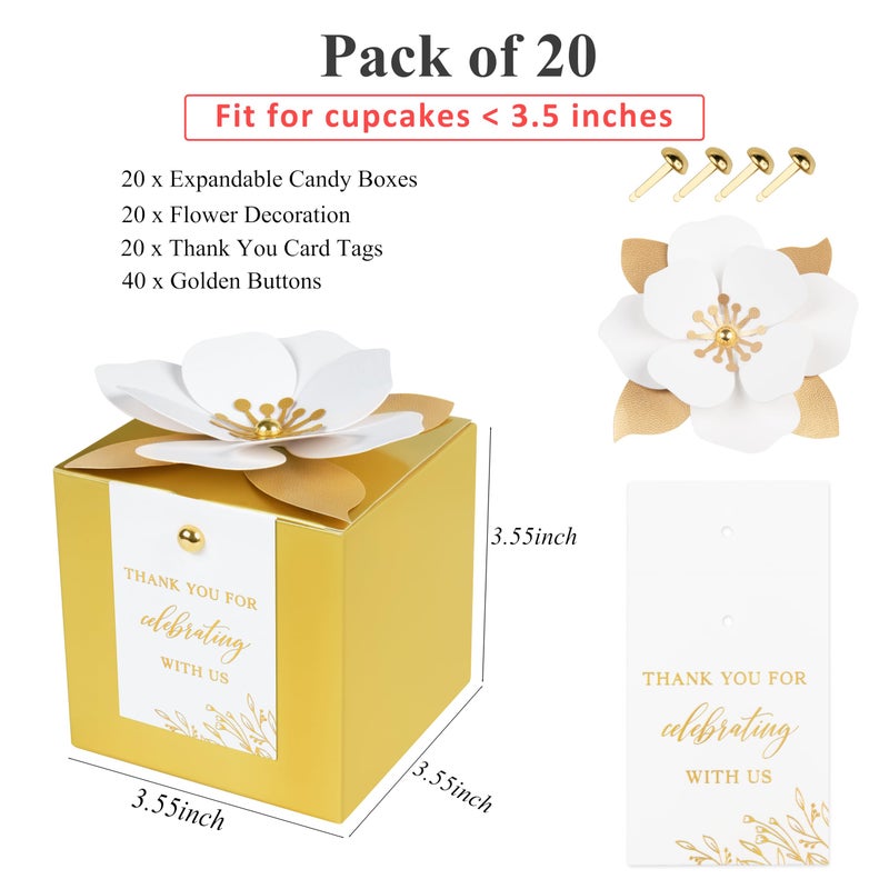 Feiyi 20 Pcs Gold Gift Boxes  3 In 1 Favor Boxes With Floral Decor  White Thank You Tags Cupcake Containers Gift Wrapping For Wedding  Baby Shower  Birthday  Decorations Party - 3.55X3.55X3.55 - Image 2
