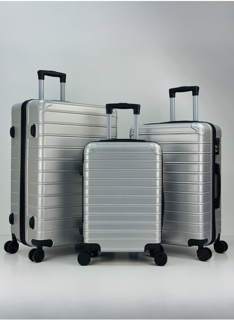 Premium Hard Shell Luggage Set  – 3-Piece Durable Strong Suitcase Set, Lightweight ABS Trolley Bags with Smooth Rotating Spinner Wheels, Security Combination Lock, Telescopic Handle, Traveling Bag Suitcases – 20" / 24" / 28" – SILVER