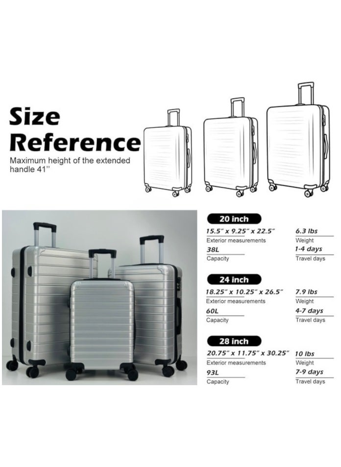 SAW & SEE Premium Hard Shell Luggage Set  – 3-Piece Durable Strong Suitcase Set, Lightweight ABS Trolley Bags with Smooth Rotating Spinner Wheels, Security Combination Lock, Telescopic Handle, Traveling Bag Suitcases – 20" / 24" / 28" – SILVER  - Image 3