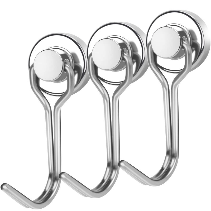 E BAVITE Swivel Swing Magnetic Hooks, Strong Neodymium Rare Earth Magnet Hook Perfect for Refrigerator and Other Magnets Surfaces, Pack of 3,Silver - Image 1