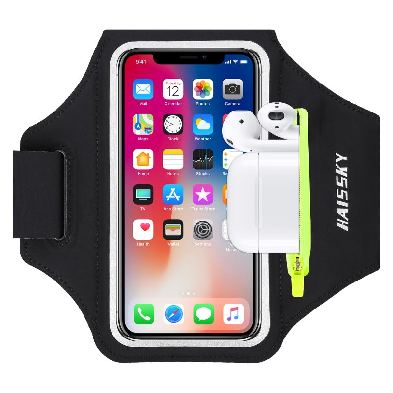 HAISSKY Running Armband with Earphone Bag Cell Phone Armband for iPhone 16 15 Pro 14 Plus 13 11 XR XS, Galaxy S24/S10 Water Resistant Sports Phone Holder Case & Zipper Slot Car Key Holder for 6.9 inch Phone - Image 1