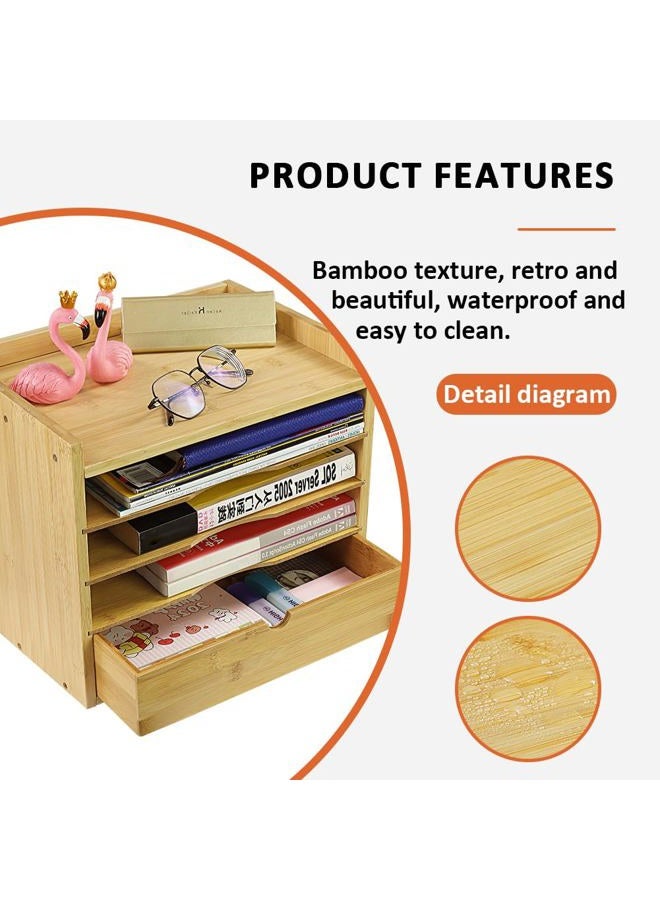 KKTONER 5-Tier Bamboo Desk Organizer with Drawer Tabletop File Organizer Document Holder with Shelf Desktop Cabinet for Home Office School Supplies (Natural) - Image 4