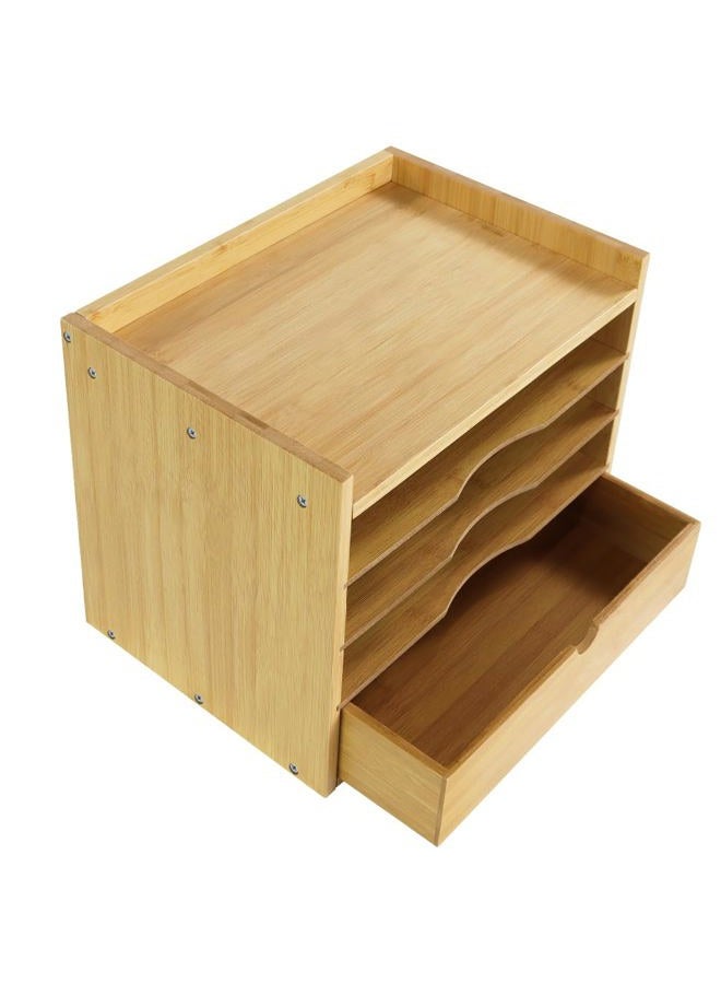 KKTONER 5-Tier Bamboo Desk Organizer with Drawer Tabletop File Organizer Document Holder with Shelf Desktop Cabinet for Home Office School Supplies (Natural) - Image 1
