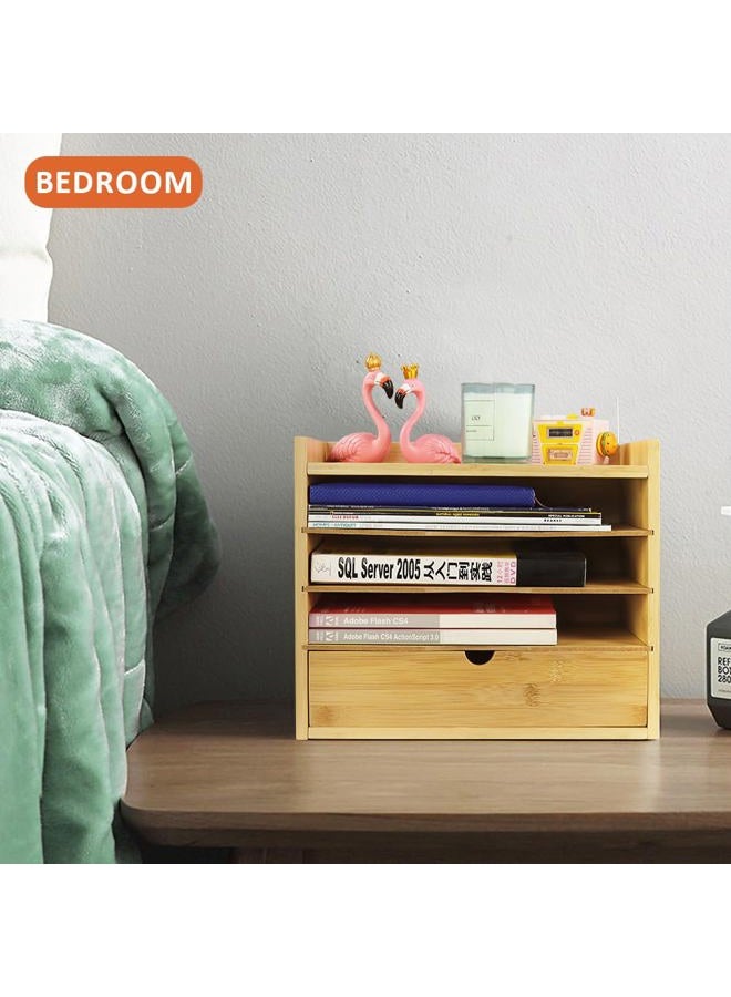 KKTONER 5-Tier Bamboo Desk Organizer with Drawer Tabletop File Organizer Document Holder with Shelf Desktop Cabinet for Home Office School Supplies (Natural) - Image 5
