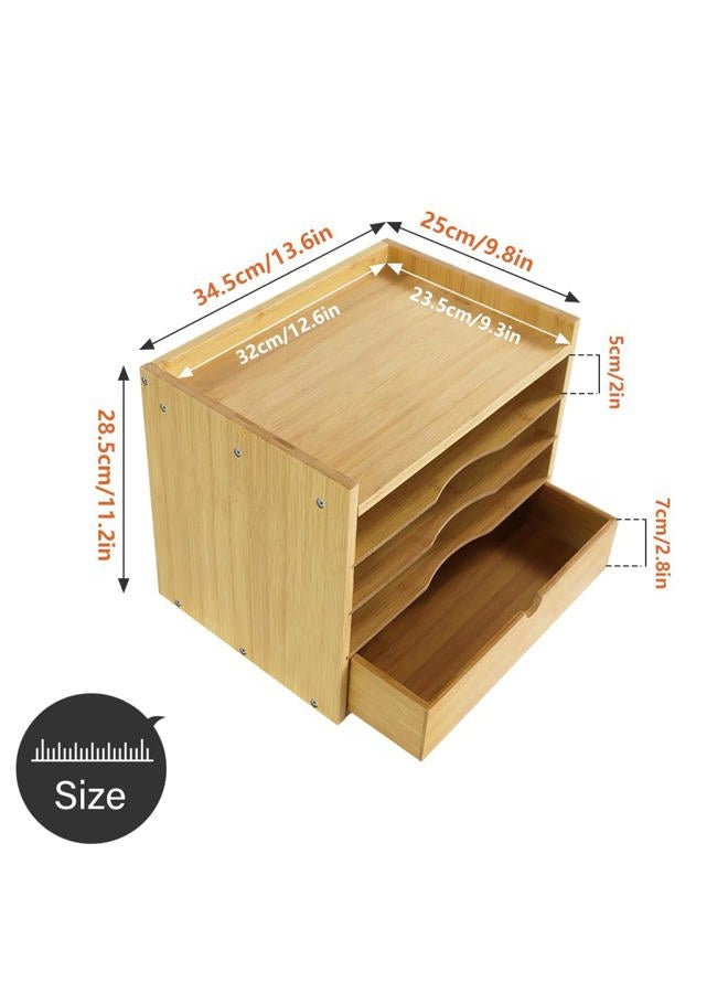 KKTONER 5-Tier Bamboo Desk Organizer with Drawer Tabletop File Organizer Document Holder with Shelf Desktop Cabinet for Home Office School Supplies (Natural) - Image 3