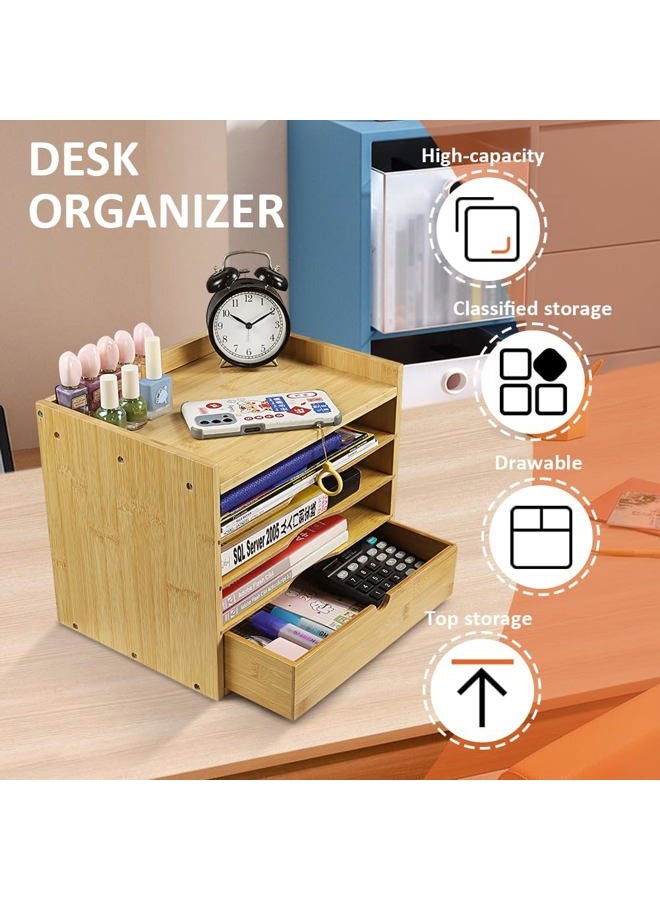 KKTONER 5-Tier Bamboo Desk Organizer with Drawer Tabletop File Organizer Document Holder with Shelf Desktop Cabinet for Home Office School Supplies (Natural) - Image 2