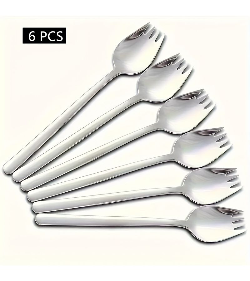 طقم ملاعق وشوك من الفولاذ المقاوم للصدأ من 6 قطع، من الفضة، بمقبض طويل للحلويات والسلطة والفواكه - Image 1