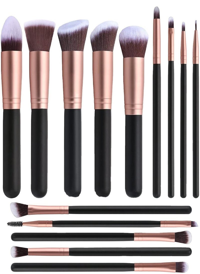 Professional 14-Piece Makeup Brush Set with Rose Gold Ferrules - Synthetic Bristles for Foundation, Blending, Eyeshadow, and Contour - Black/Rose Gold