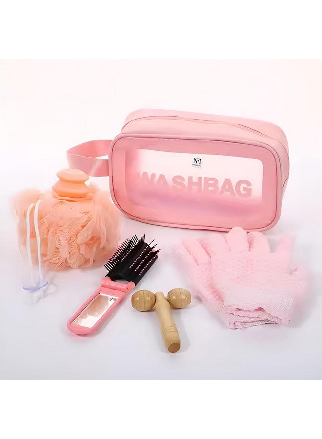 NFI essentials PVC Transparent Cosmetic Organizer Bag with Handle, Washbag Pouch Travel Makeup Bag Portable Carry Toiletry Storage Bag Makeup Pouch for Women Girls - Image 5