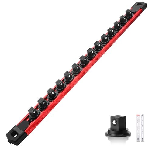 Reniteco Magnetic Socket Organizer 38 Drive Aluminum Alloy Socket Rail Heavy Duty Magnetic Socket Holder with 14PC 360 Swivel Removable Clips Magnetic Socket Rack for Tool Box Drawer Red - Image 1