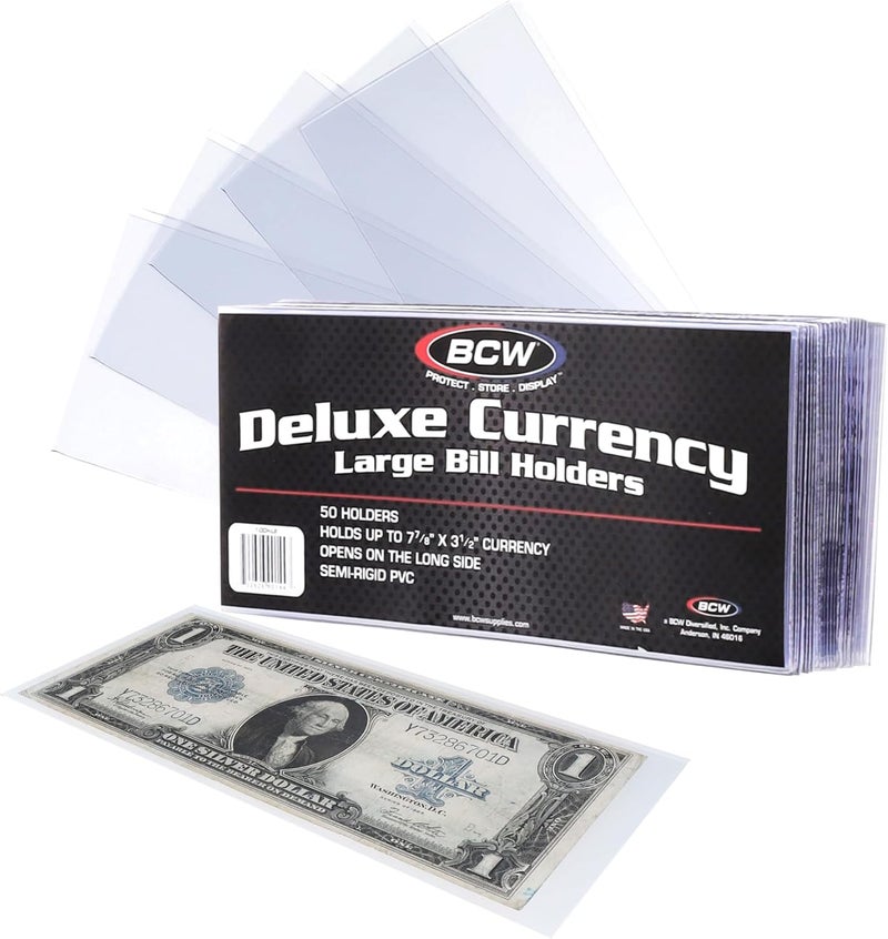 BCW Large Bill Deluxe Currency Holders - 50ct | Archival Safe Bill Protectors | High Clarity Double-Polished Clear Vinyl | for Collectors and Numismatics | Large Currency Holders - Image 1