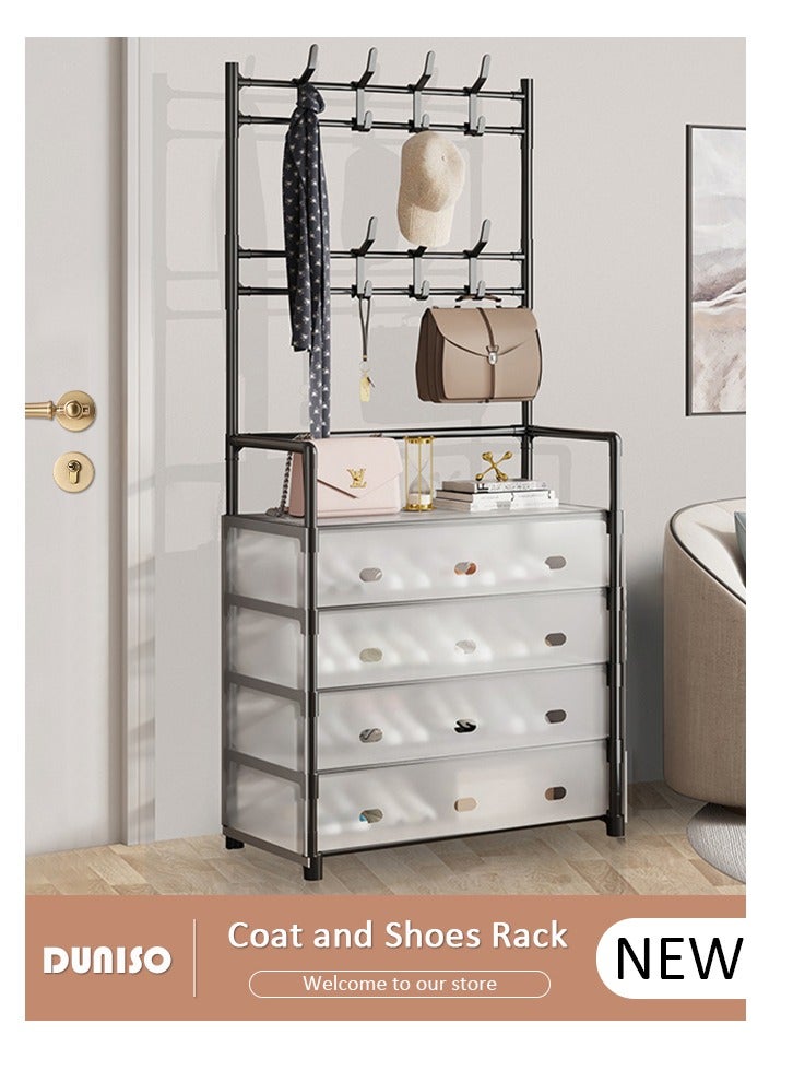 DUNISO 4-Tier Coat and Shoes Rack with Dustproof Layer Covers，Multifunctional 3-in-1 Storage with Hanging Hooks，Space-Saving Shoe Organizer, Entryway, Large-Capacity for Men,Women,Kids Shoes - Image 1