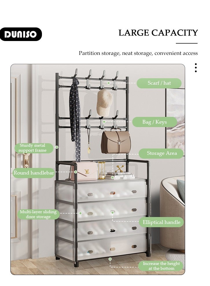 DUNISO 4-Tier Coat and Shoes Rack with Dustproof Layer Covers，Multifunctional 3-in-1 Storage with Hanging Hooks，Space-Saving Shoe Organizer, Entryway, Large-Capacity for Men,Women,Kids Shoes - Image 2