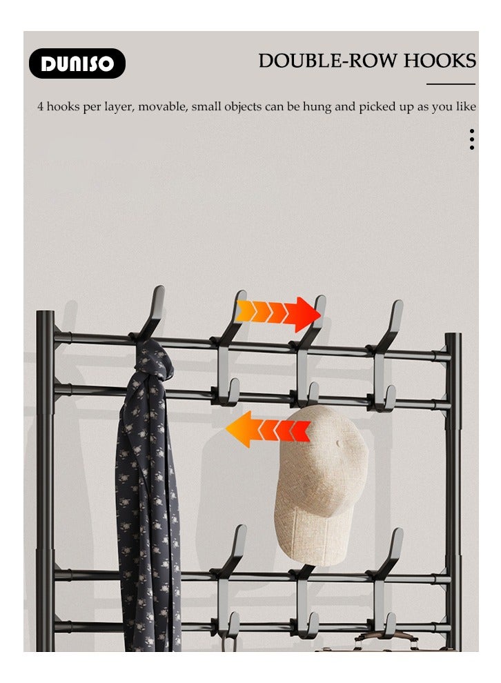 DUNISO 4-Tier Coat and Shoes Rack with Dustproof Layer Covers，Multifunctional 3-in-1 Storage with Hanging Hooks，Space-Saving Shoe Organizer, Entryway, Large-Capacity for Men,Women,Kids Shoes - Image 4
