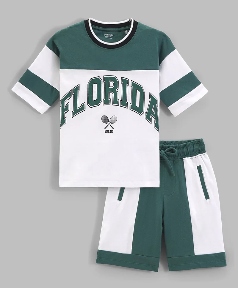 Primo Gino Primo Gino 100% Cotton Drop Shoulder Color Block Printed Half Sleeves T-Shirt & Printed Shorts Set - Green & White