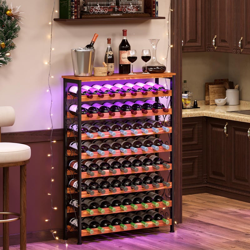 Sonyabecca 64 Bottles Wine Rack Freestanding Floor with 2 in 1 LED Light, Wine Bottle Rack Wine Holder Wine Storage Shelf for Kitchen Bar Pantry, Tall Wine Cabinet Stand Display 31.85''L X 10.6''W X 47.95''H - Image 1