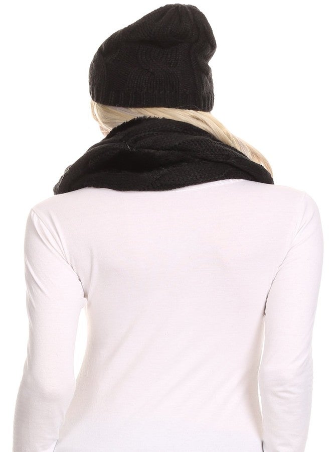 Sakkas 16138 - Olliey Long Wide Classic Cable Knit Fur Lined Infinity Scarf And Hat Set - Black - OS - Image 2
