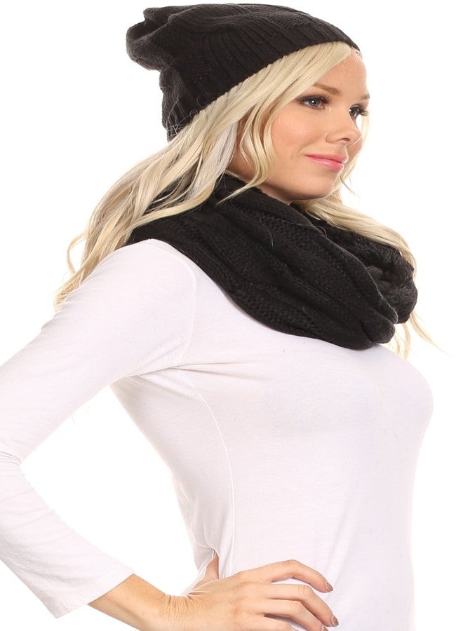 Sakkas 16138 - Olliey Long Wide Classic Cable Knit Fur Lined Infinity Scarf And Hat Set - Black - OS - Image 3