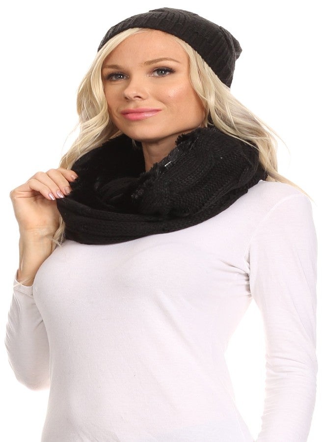 Sakkas 16138 - Olliey Long Wide Classic Cable Knit Fur Lined Infinity Scarf And Hat Set - Black - OS - Image 4