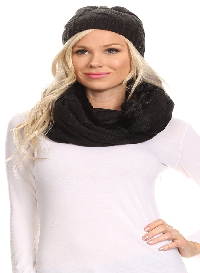 Sakkas 16138 - Olliey Long Wide Classic Cable Knit Fur Lined Infinity Scarf And Hat Set - Black - OS - Image 1