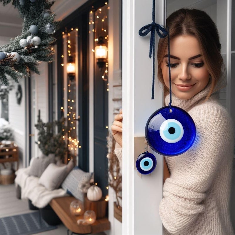 Erbulus Handmade Blue 13 cm Glass Turkish Evil Eye Hanging for Home Entrance Nazar Battu Protection Amulet for Good Luck Prosperity Main Door Wall Decor - Image 3