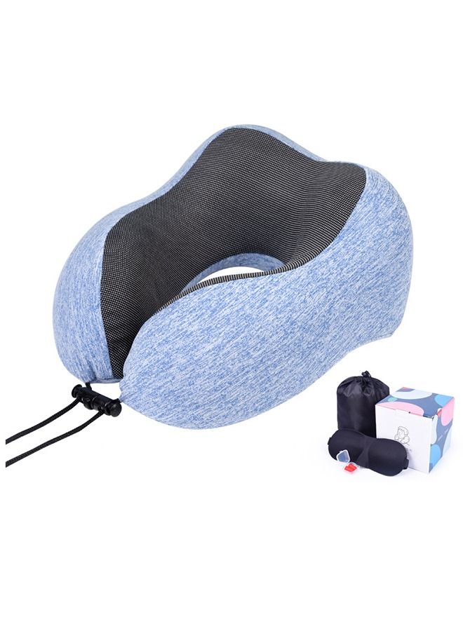 Arabest Luxury Memory Foam Travel Pillow with Ear Plugs, Eye Mask and Mesh Bag Blue 28x27x14cm - Image 1