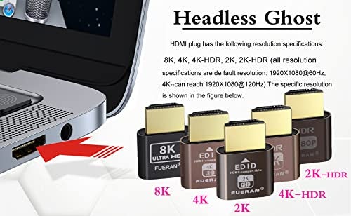 FUERAN 2K 4K 8K HDMI Dummy Plug-Virtual Monitor Display Emulator Headless Adapter 3840x2160@60Hz 1080@120HDR DVI EDID Emulator (2K-1080@60 HDR) - Image 4