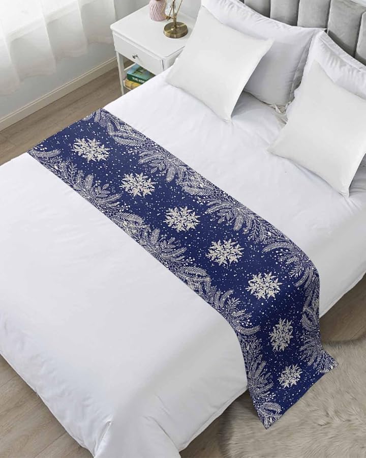 Navy Blue Snowflake Bed Runner 102x20 Inch for California King Size Bed - Image 1