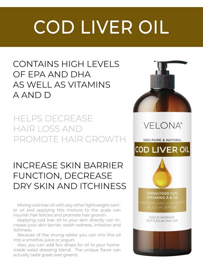 velona velona Cod Liver Oil - 16 Fl Oz | 1,000A/100D IU/g Omega 3 Vitamins A & D3 | Norwegian Arctic Sustainably Sourced Nordic Oil | Hair, Body and Skin Care | Use Today - Enjoy Results - Image 2