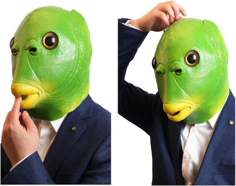 AQKILO Green Fish Mask for Adults, Natural Latex Sea Creature Full Head Mask for Halloween, Cosplay, and Costume Parties - Image 2